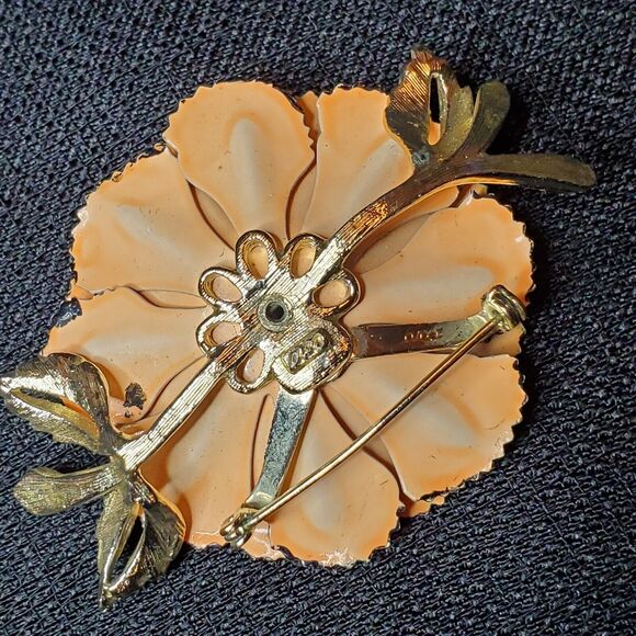 VTG Signed CORO Trembler Brooch AB Rhinestones Gold Tone Enamel Peach Poppy 3" - Picture 7 of 16